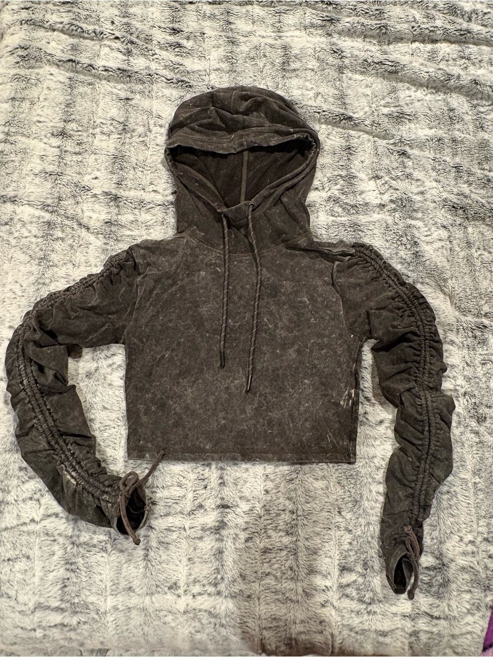 Forever 21 Washed Charcoal Cropped Hoodie with Ruched Sleeves